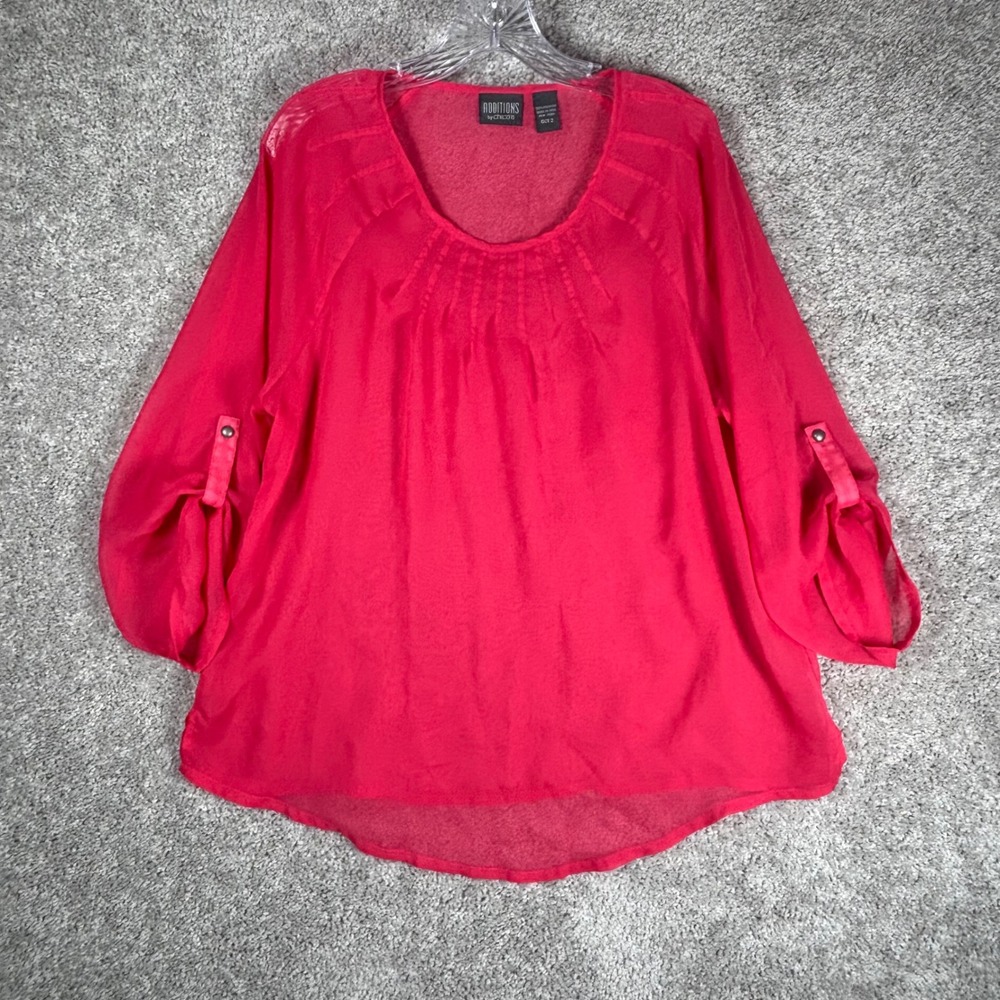 Additions by Chico's Pink Pleated Sheer Bubble‎ Sleeve Tunic Women's S-2 (READ)